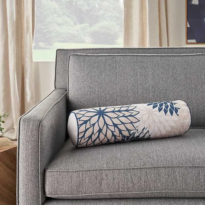 Navy and Beige Floral Outdoor Bolster Pillow