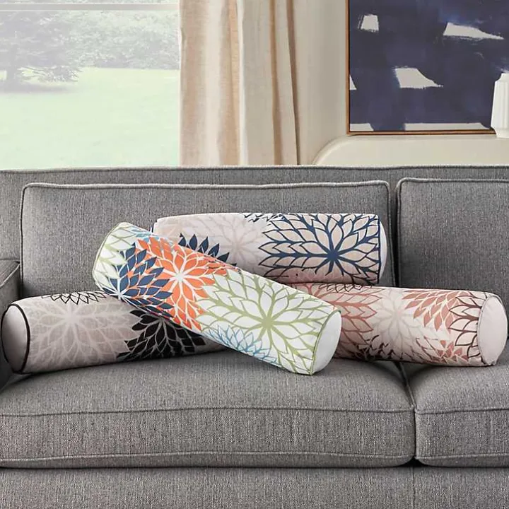Navy and Beige Floral Outdoor Bolster Pillow