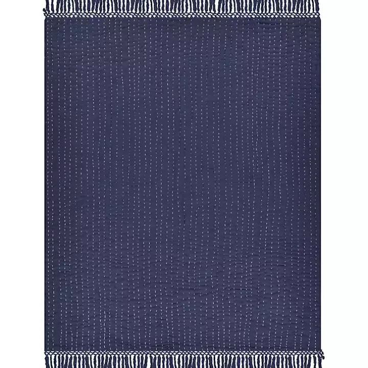 Navy and Cream Stitch Fringe Throw