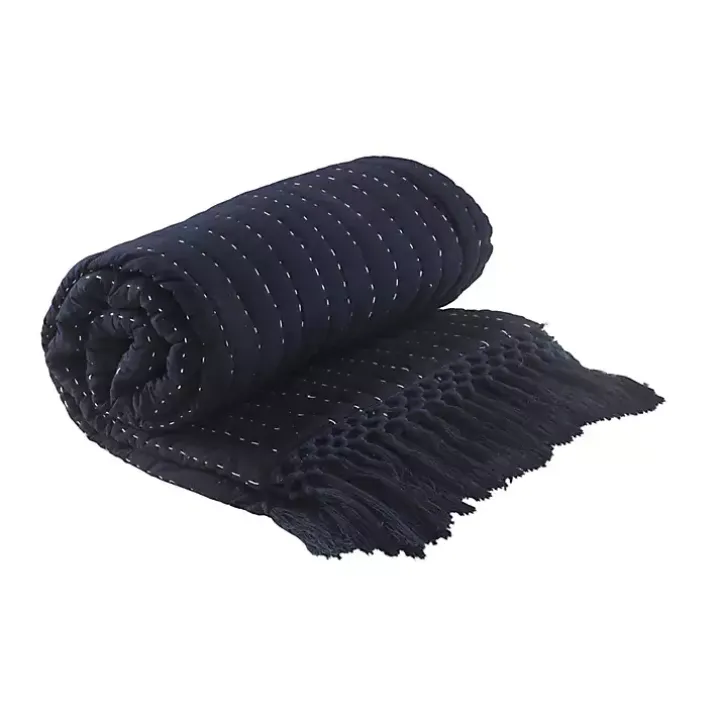 Navy and Cream Stitch Fringe Throw