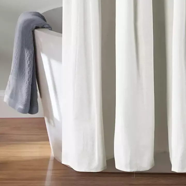 Navy and White Button Accent Linen Shower Curtain