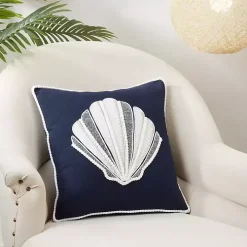 Navy Blue Embroidered Shell Throw Pillow