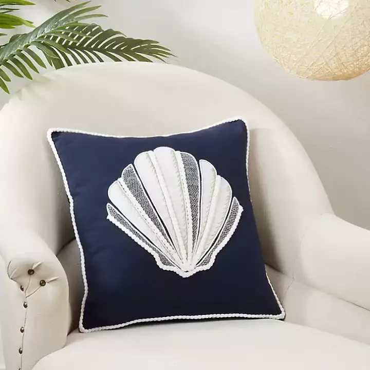 Navy Blue Embroidered Shell Throw Pillow