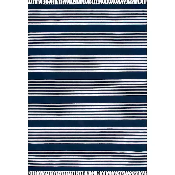 Navy Blue Striped Tassel Cotton Area Rug, 8x10