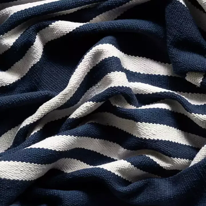 Navy Blue Striped Tassel Cotton Area Rug, 8x10