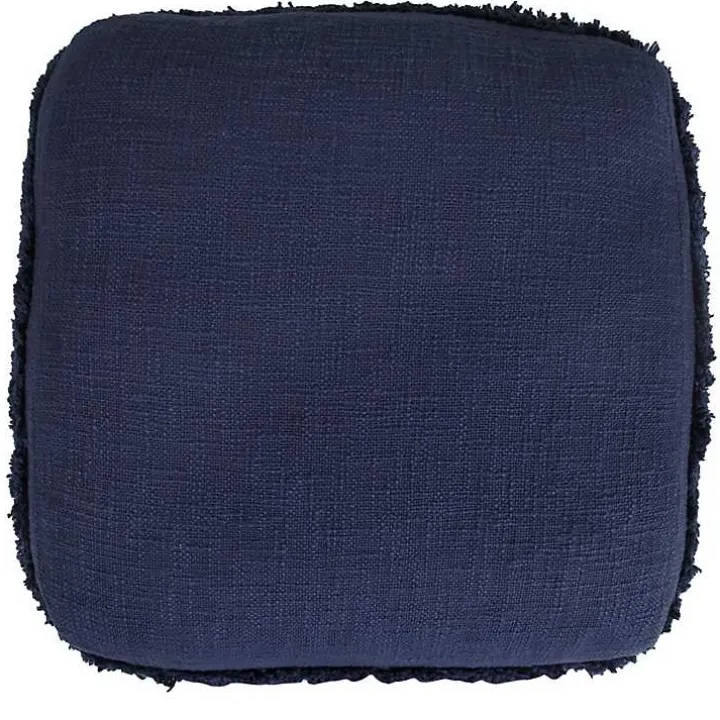 Navy Blue Tufted Stripe Cotton Square Pouf
