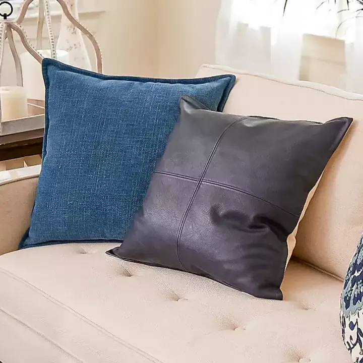 Navy Blue Vegan Leather Throw Pillow