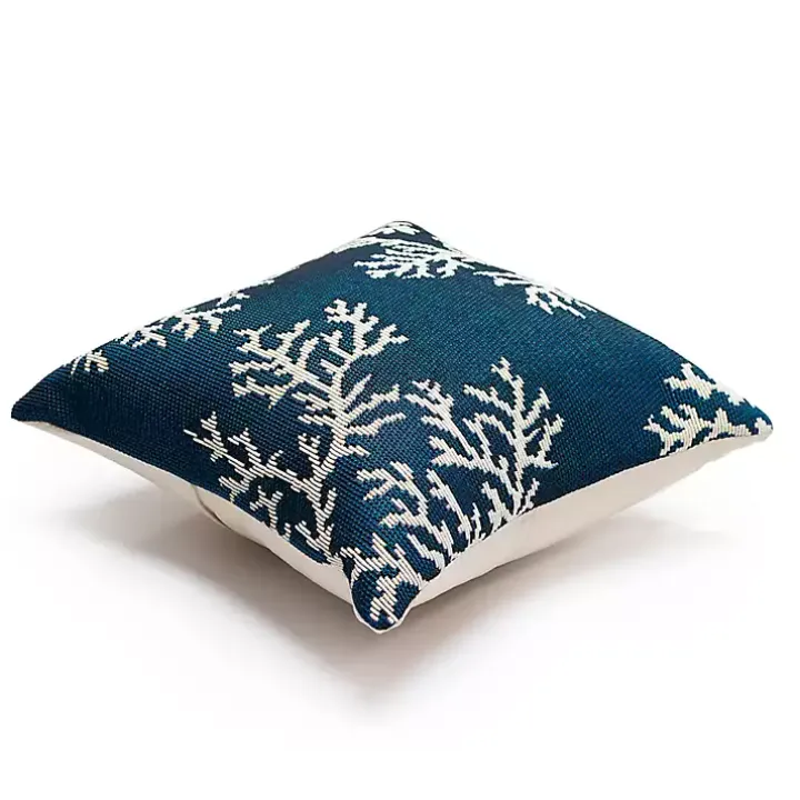 Navy Coral Woven Outdoor Throw Pillow