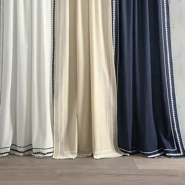 Navy Embroidered Ric Rac Curtain Panel, 84 in.
