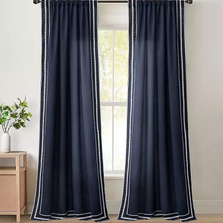 Navy Embroidered Ric Rac Curtain Panel, 84 in.