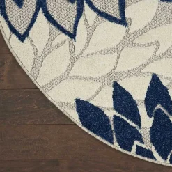 Navy Floral Burst Round Outdoor Area Rug, 7x7