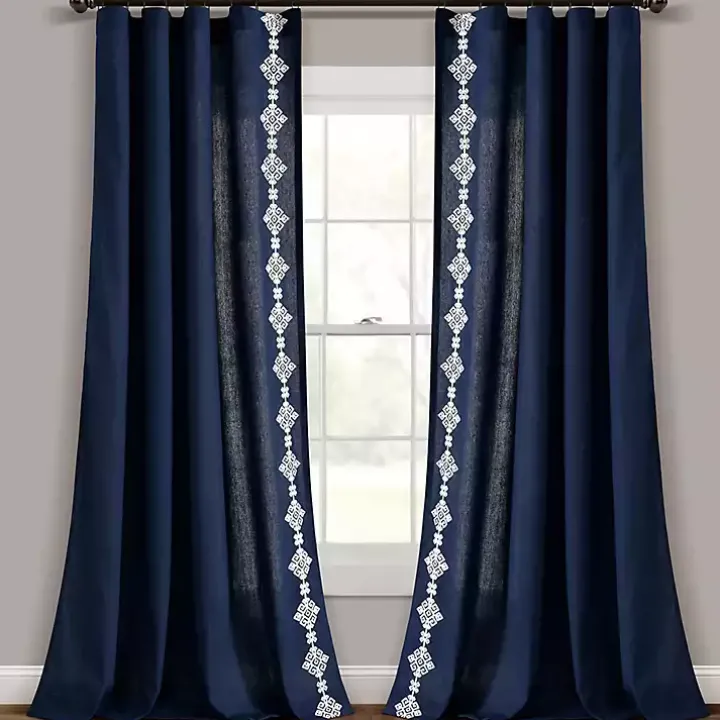 Navy Geometric Border Curtain Panel, 84 in.