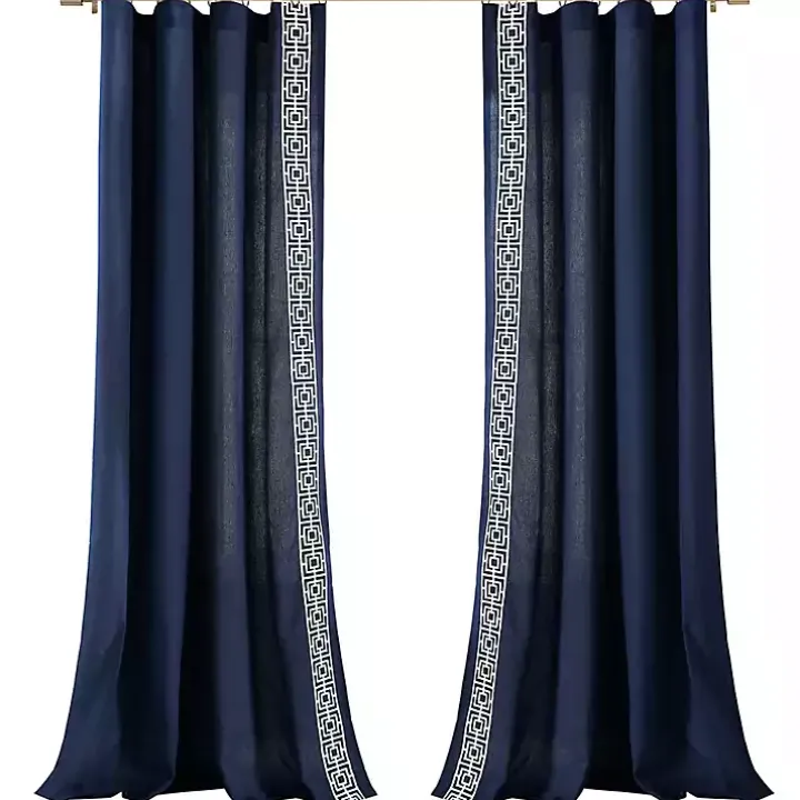 Navy Modern Square Border Curtain Panel, 84 in.