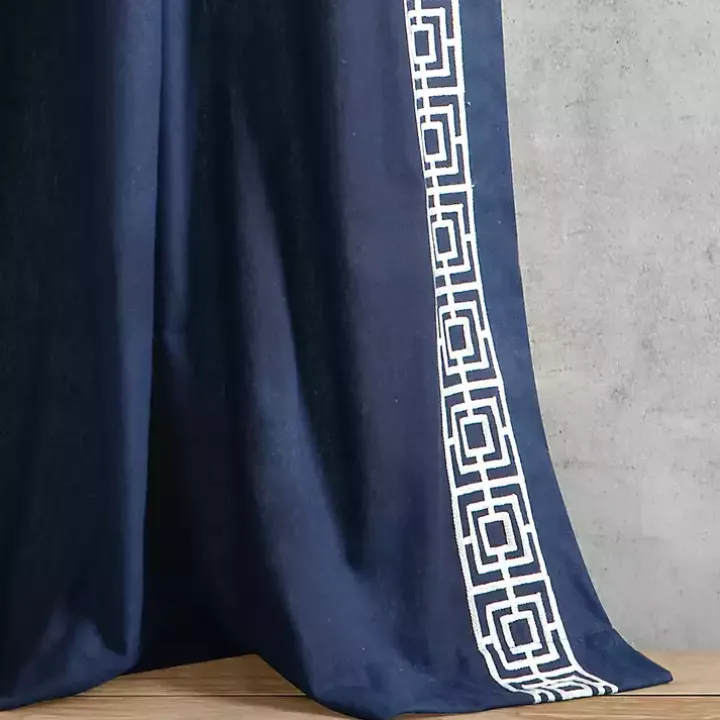 Navy Modern Square Border Curtain Panel, 84 in.