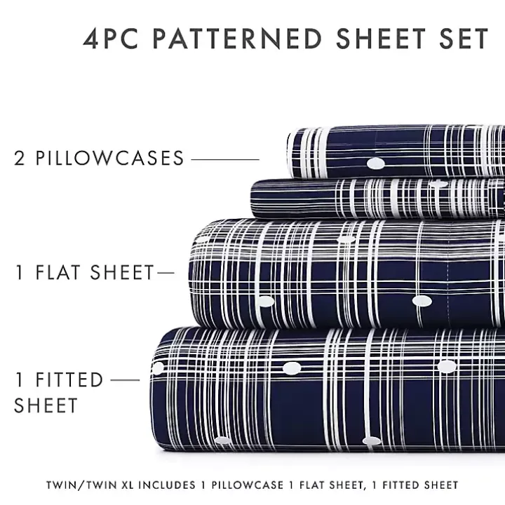 Navy Plaid Polka Dot 3-pc. Twin Sheet Set