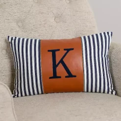 Navy Striped Monogram K Lumbar Pillow