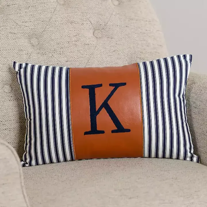 Navy Striped Monogram K Lumbar Pillow