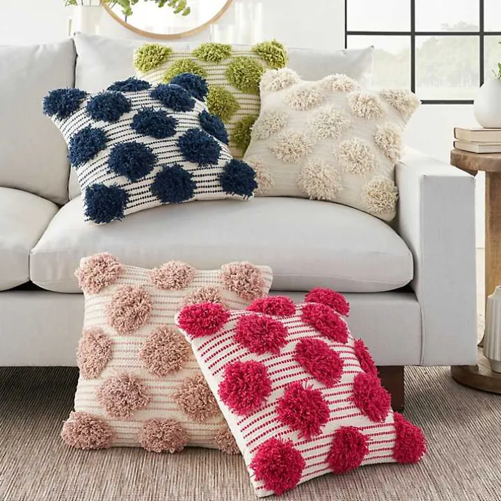 Navy Tufted Pom Poms Throw Pillow