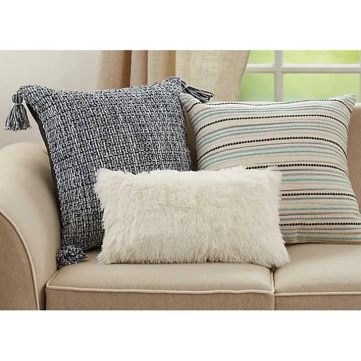 Navy Woven Texture Tassels Throw Pillow