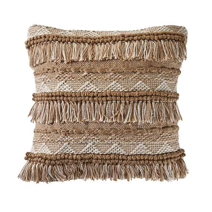 Neutral Embroidered Fringe Accent Pillow