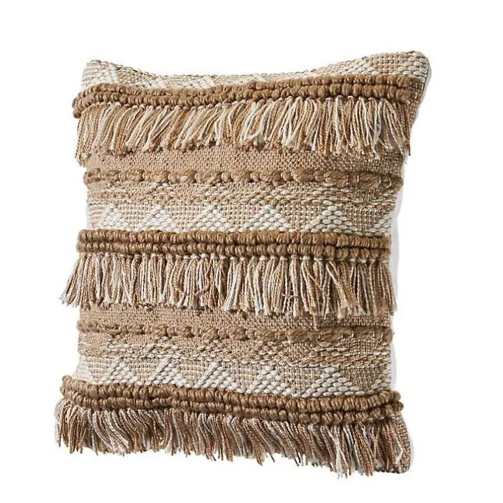 Neutral Embroidered Fringe Accent Pillow