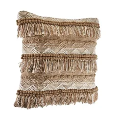 Neutral Embroidered Fringe Accent Pillow