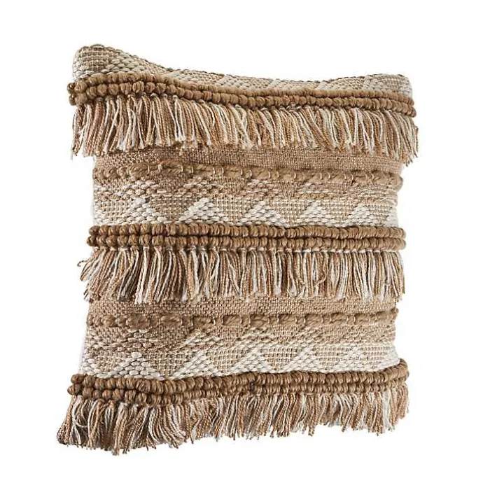 Neutral Embroidered Fringe Accent Pillow