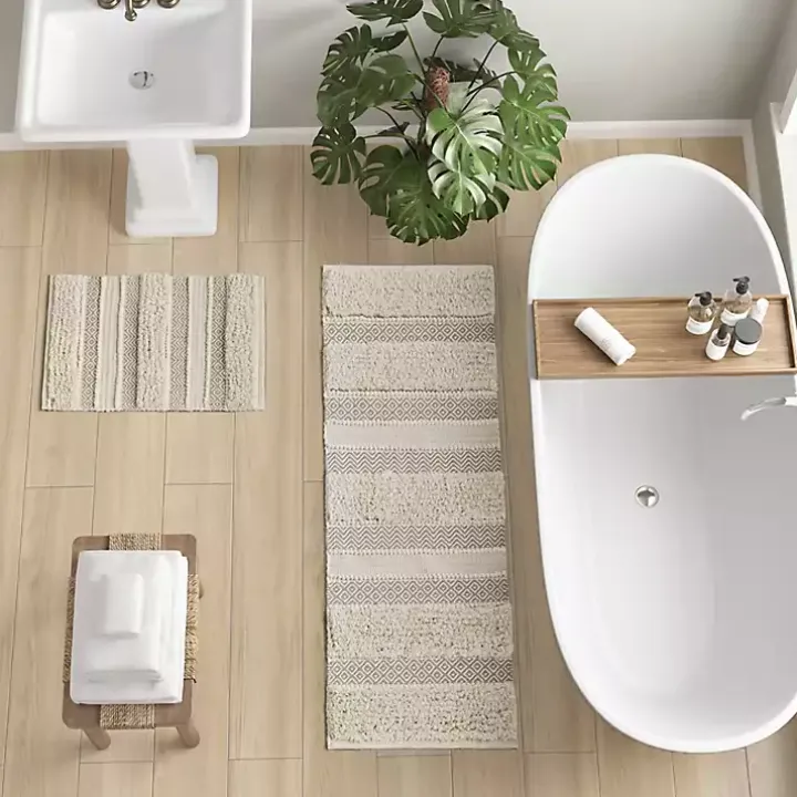Neutral Tufted Stripes Woven Bath Runner