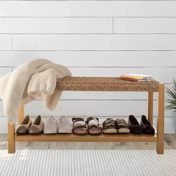 Newport Natural Wood and Rattan Bench with Shelf