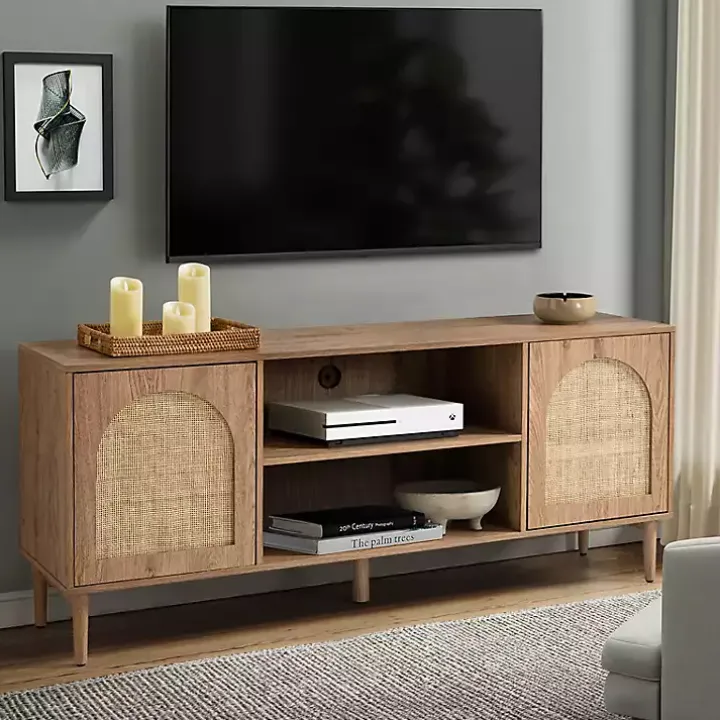 Oak and Natural Rattan Media Cabinet