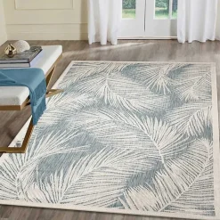 Ocean Blue Palm Leaves Outdoor Area Rug, 6x9