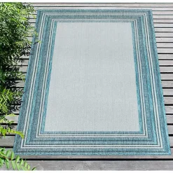 Ocean Blue Threaded Frame Outdoor Area Rug, 4x7