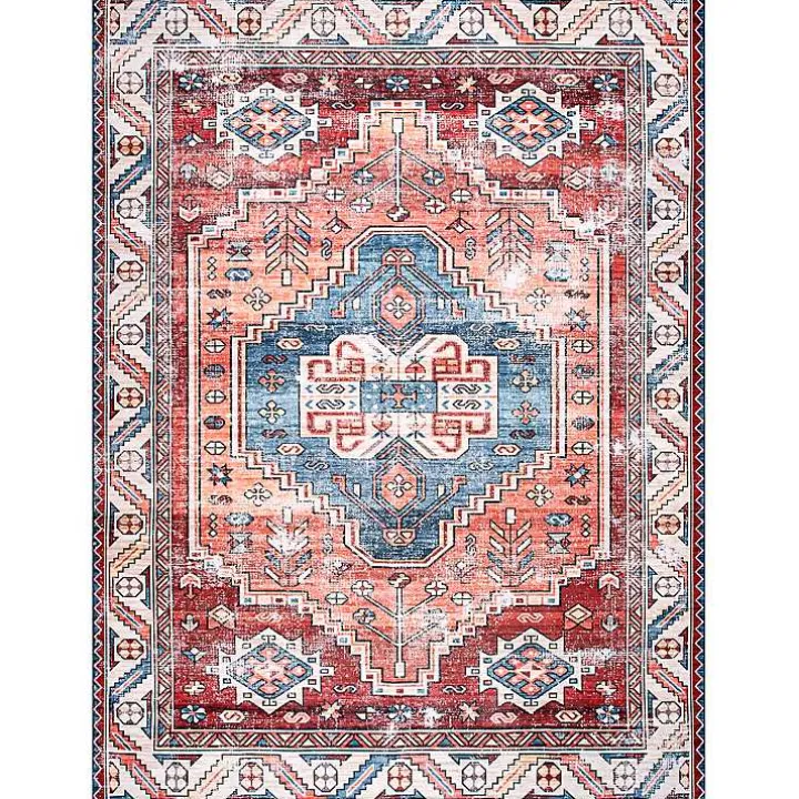Orange Faded Medallion Washable Area Rug, 5x8