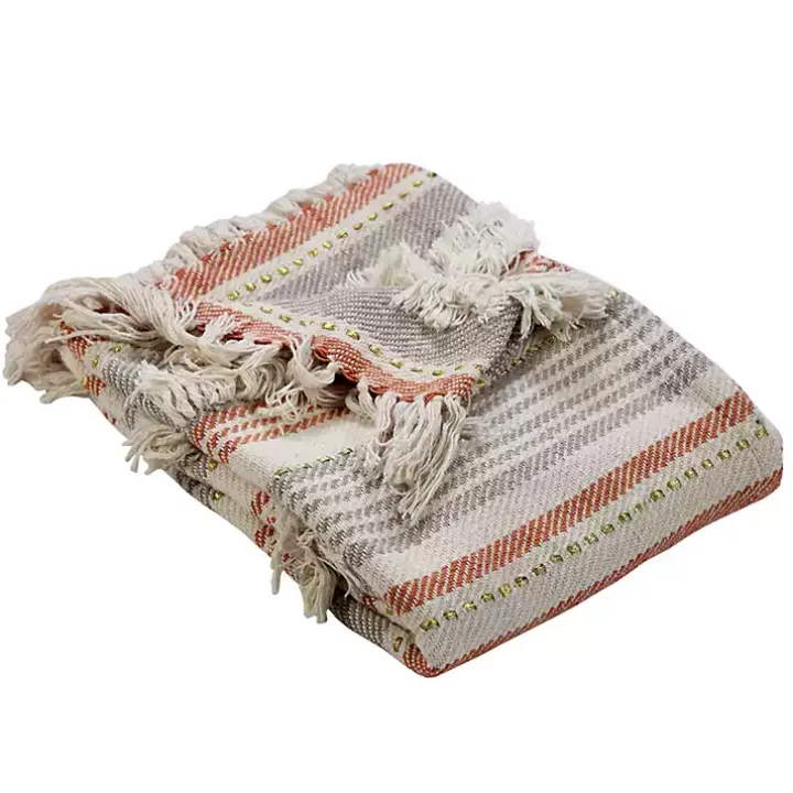 Orange Fringe Line Work Throw