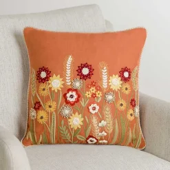 Orange Rust Embroidered Floral Throw Pillow