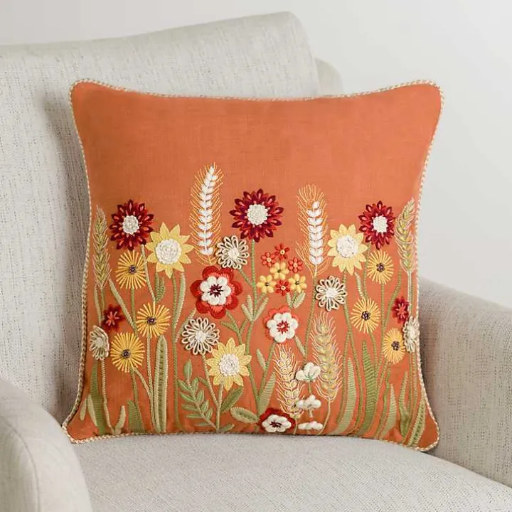 Orange Rust Embroidered Floral Throw Pillow