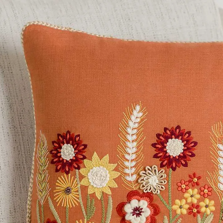 Orange Rust Embroidered Floral Throw Pillow