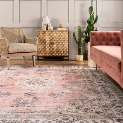 Orange Vintage Floral Washable Area Rug, 3x5