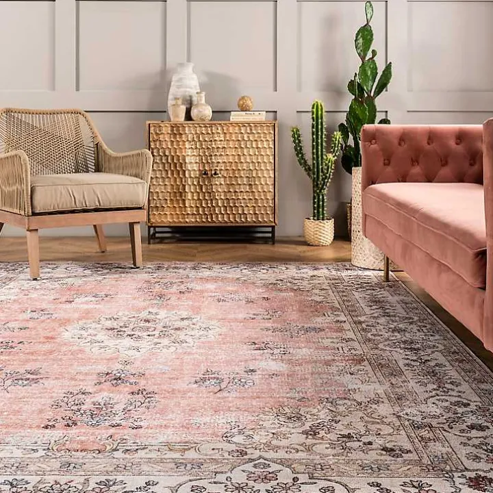 Orange Vintage Floral Washable Area Rug, 4x6