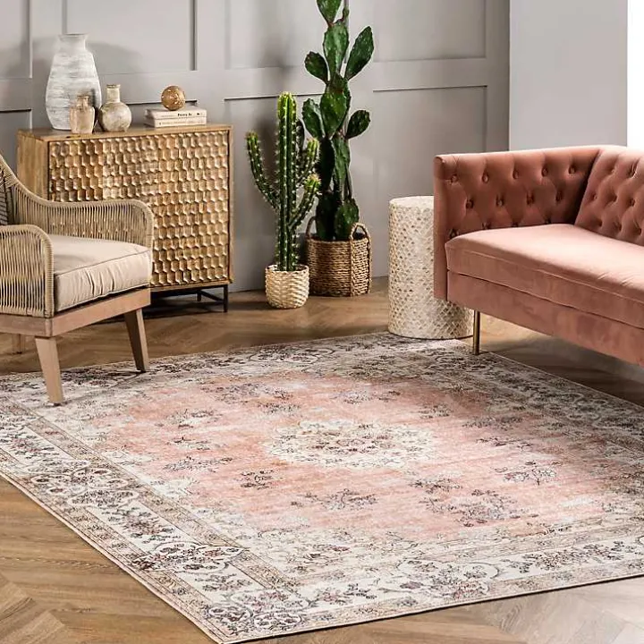 Orange Vintage Floral Washable Area Rug, 5x8