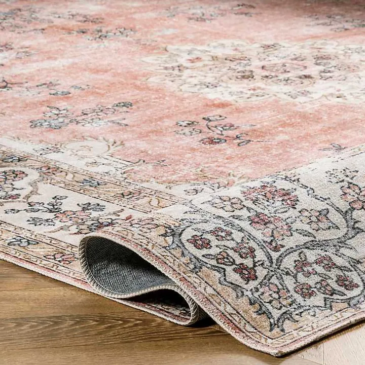 Orange Vintage Floral Washable Area Rug, 5x8