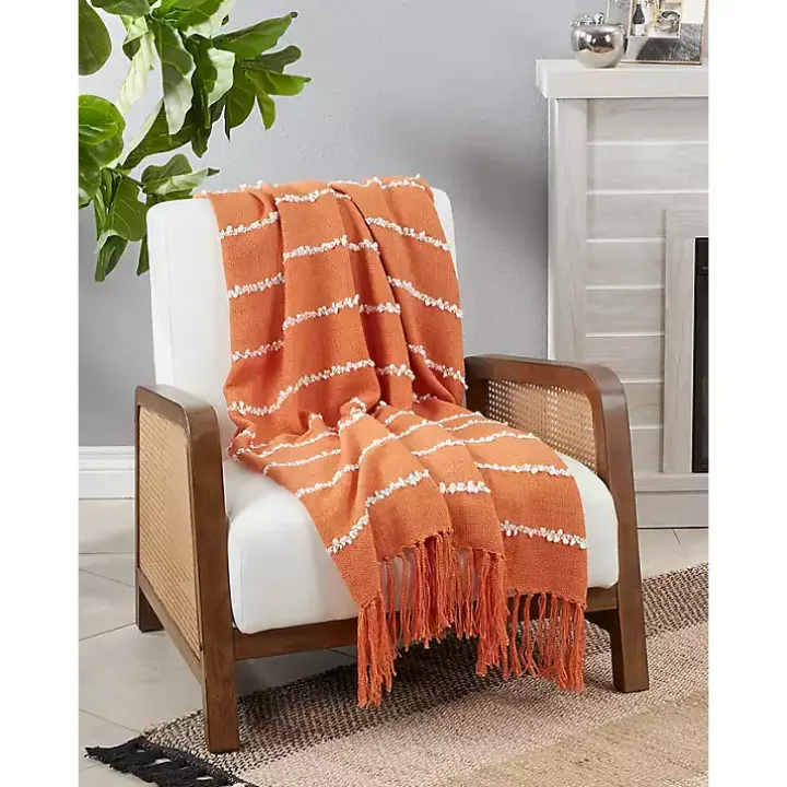 Orange White Striped Fringe Throw Blanket