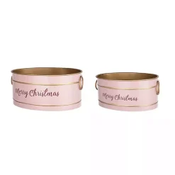 Oval Pink Iron Merry Christmas Baskets, Set of 2