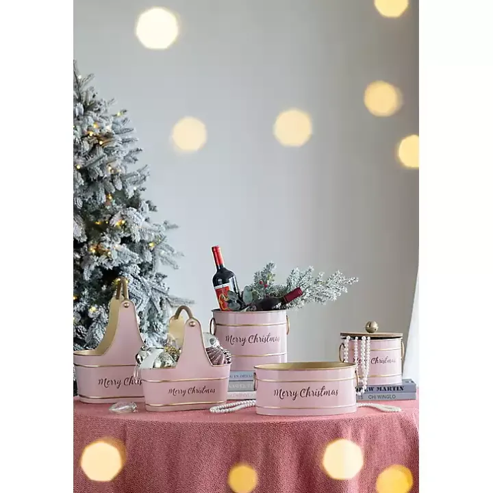 Oval Pink Iron Merry Christmas Baskets, Set of 2