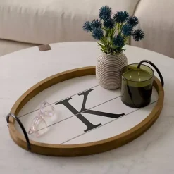 Oval White Wood Monogram K Tray