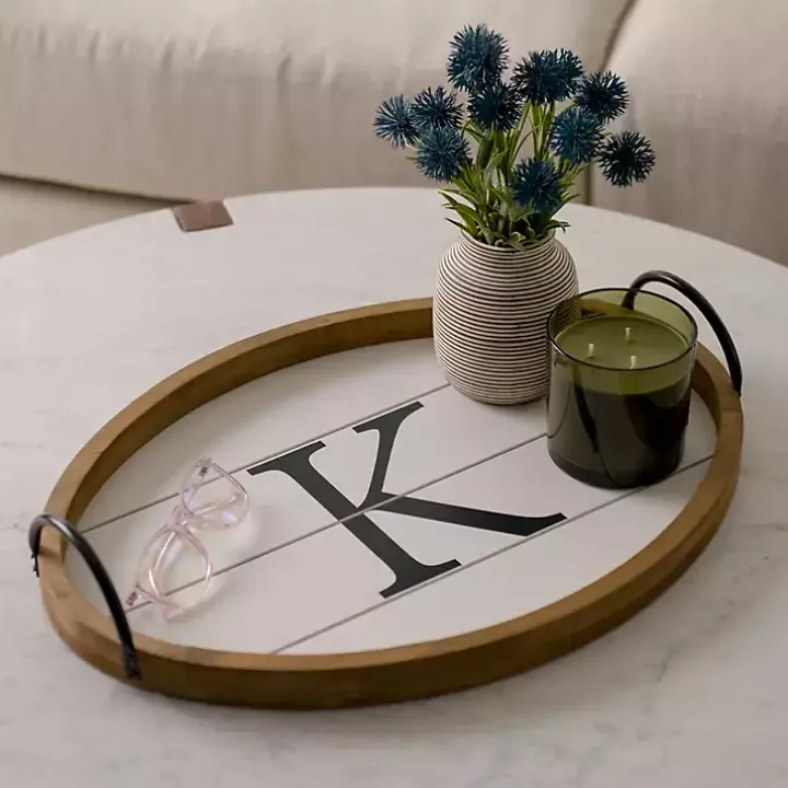 Oval White Wood Monogram K Tray