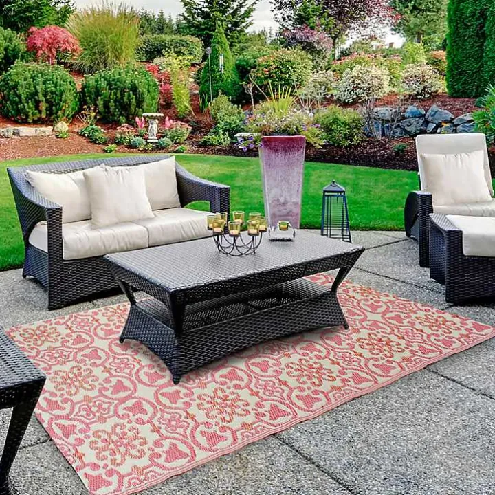 Pink and Cream Floral Tile Outdoor Area Rug, 4x6