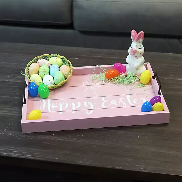 Pink Hoppy Easter Wood Tray