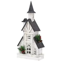 Pre-Lit Black and White Steepled Church Statue