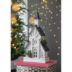 Pre-Lit Black and White Steepled Church Statue